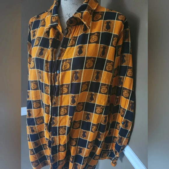 XXL Cat & Pumpkin Unisex Halloween Long Sleeve Button Up - Picture 2 of 6